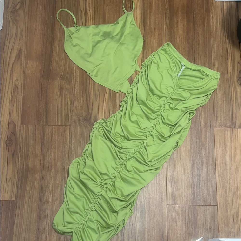 SHEIN Lime Green Ruched Maxi Skirt & Camisole Set